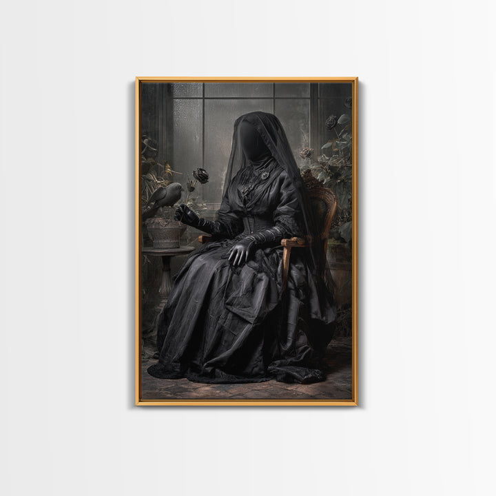 The Invisible Mourner Of Glass House, Vertical Wall Art, Haunted Gothic Art, Framed Canvas Print, Halloween Wall Decor, Gothic Home Decor