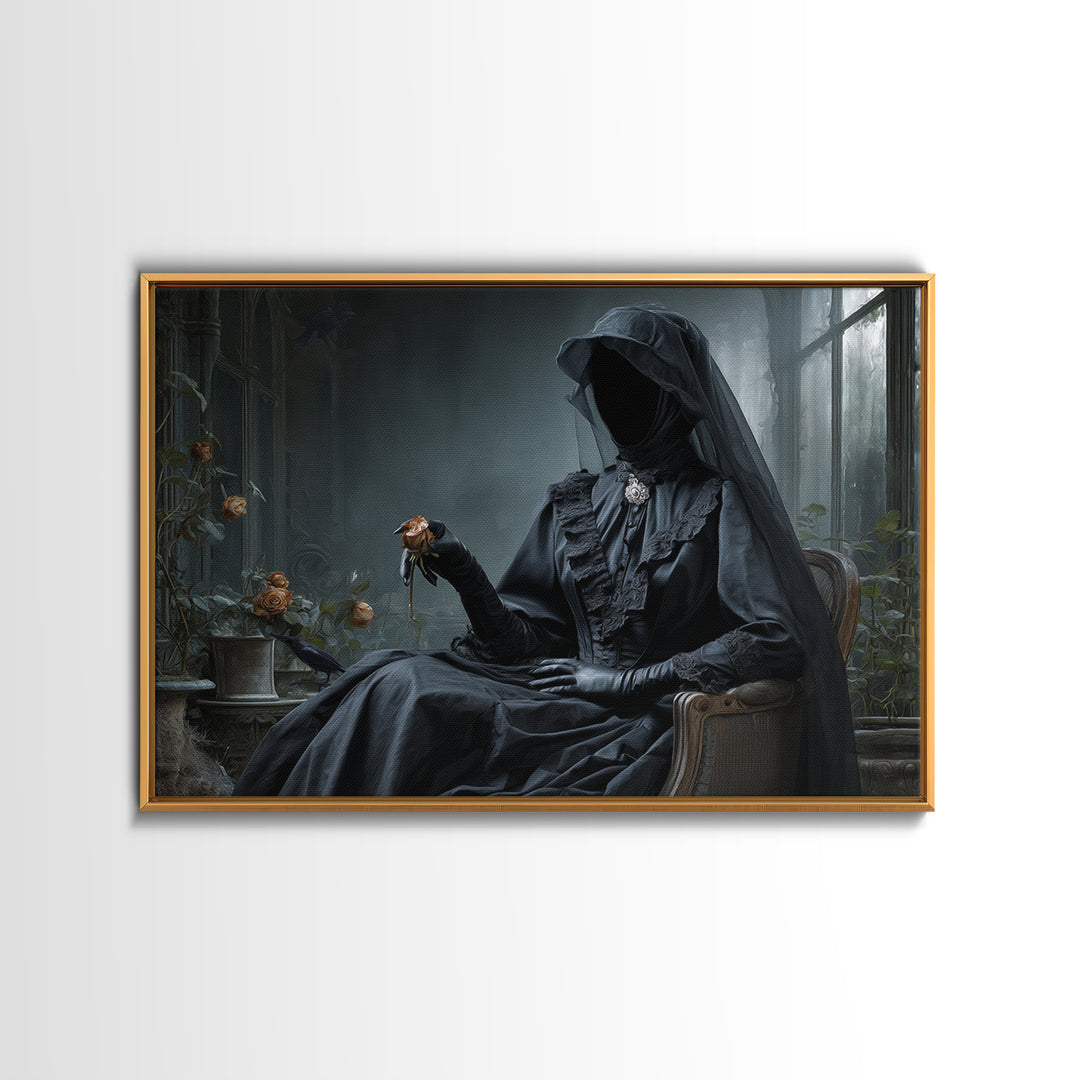 The Invisible Mourner Of Glass House, Landscape Wall Art, Haunted Gothic Art, Framed Canvas Print, Halloween Wall Decor, Gothic Home Decor