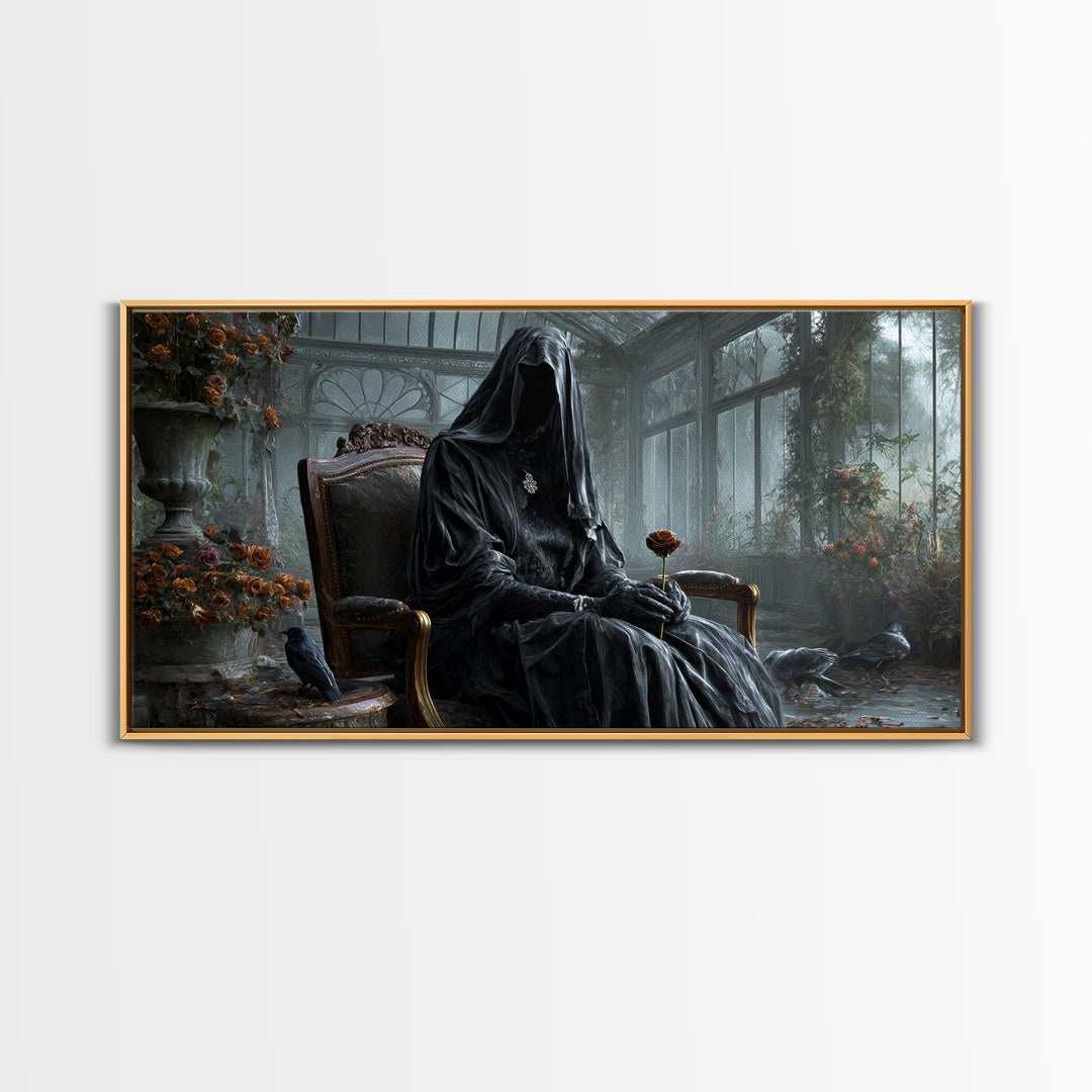 The Invisible Mourner Of Glass House, Wide Panoramic Art, Gothic Horror Wall Art, Framed Canvas Print, Halloween Wall Decor