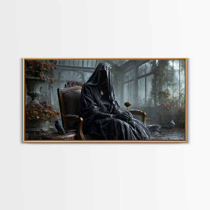 The Invisible Mourner Of Glass House, Wide Panoramic Art, Gothic Horror Wall Art, Framed Canvas Print, Halloween Wall Decor