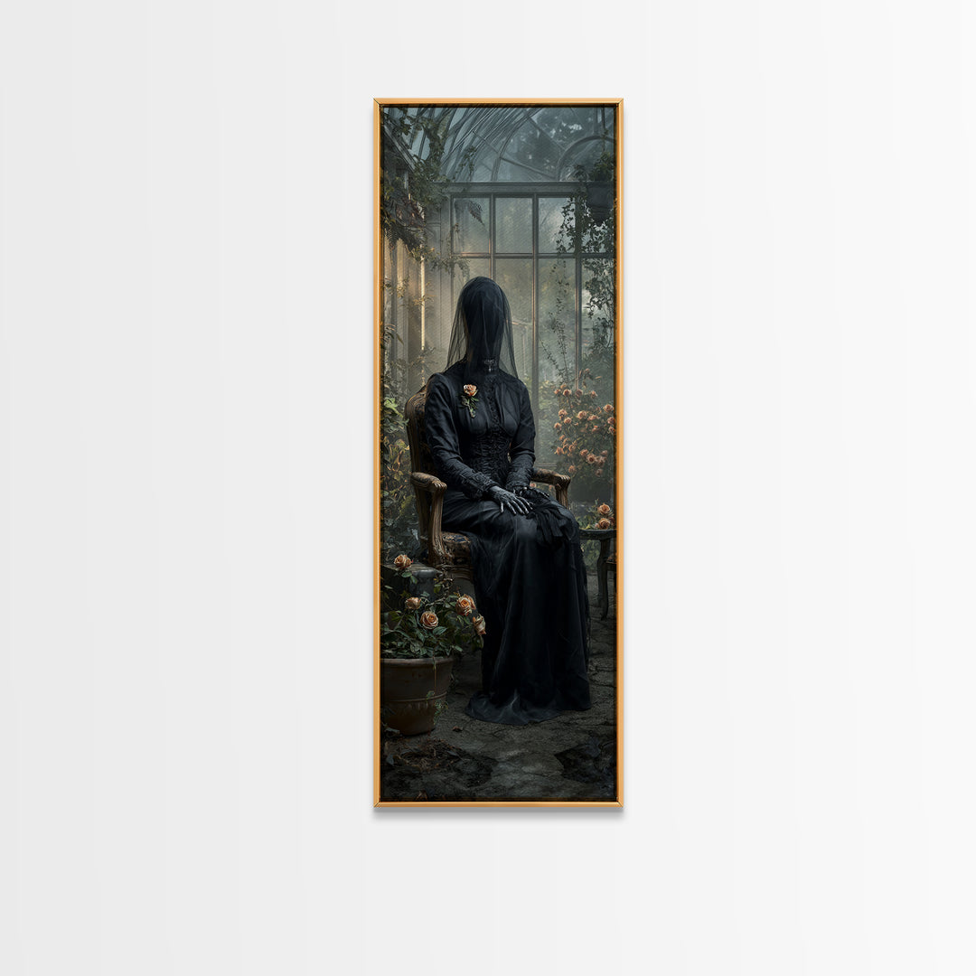 The Invisible Mourner Of Glass House, Tall Narrow Wall Art, Haunted Gothic Art, Framed Canvas Print, Halloween Wall Decor, Gothic Home Decor