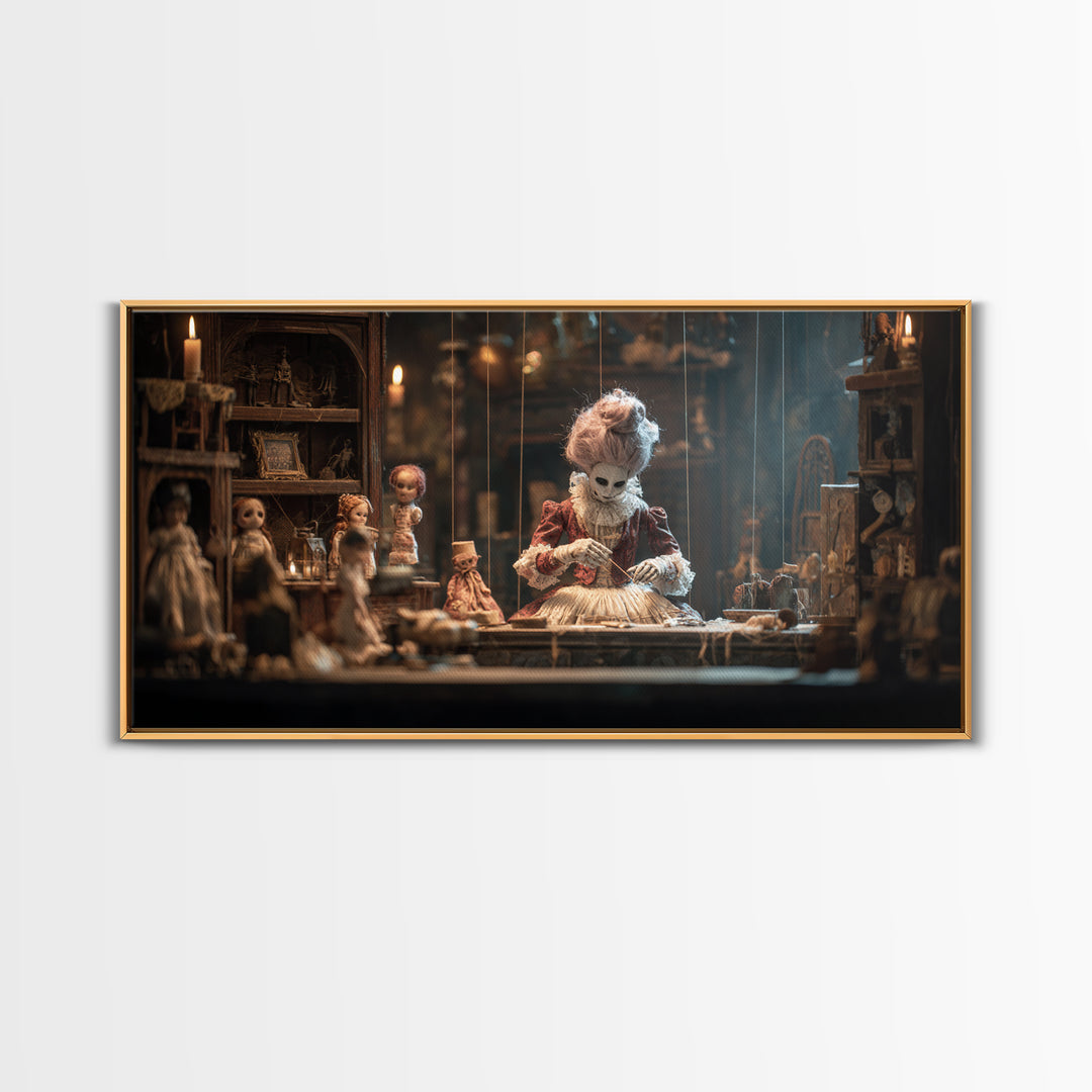The Dollmaker Of Hollow Ward, Wide Panoramic Art, Macabre Wall Art, Framed Canvas Print, Halloween Wall Decor, Gothic Home Decor