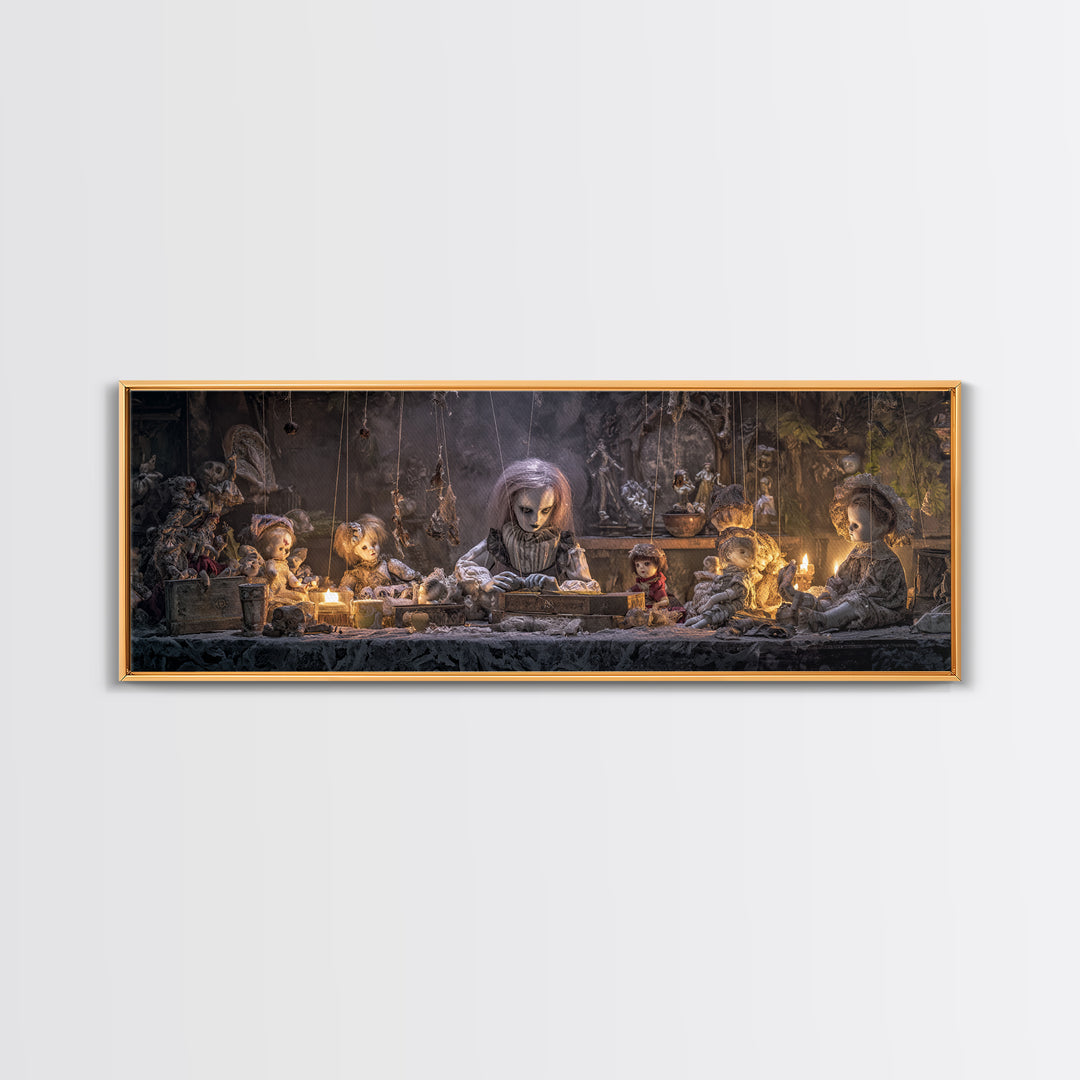 The Dollmaker Of Hollow Ward, Extra Wide Wall Art, Macabre Wall Art, Framed Canvas Print, Halloween Wall Decor, Gothic Home Decor