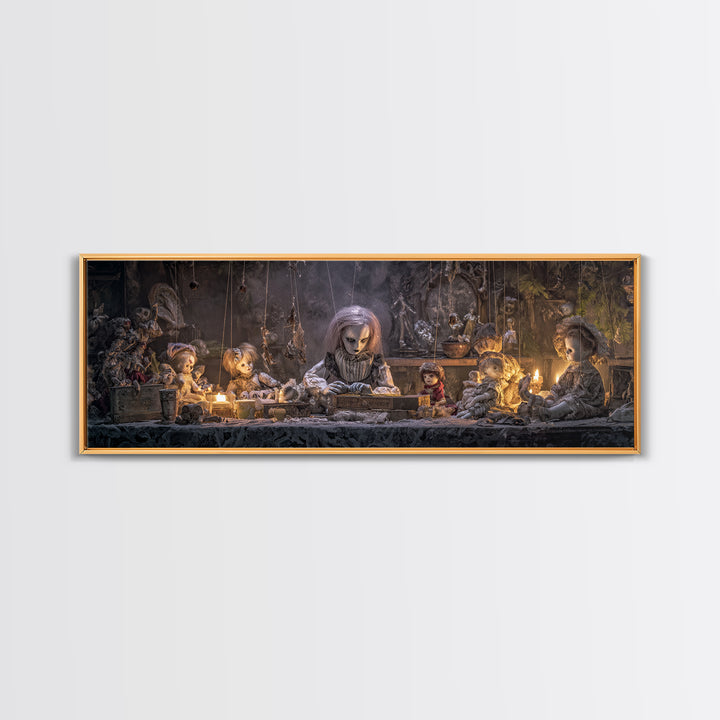 The Dollmaker Of Hollow Ward, Extra Wide Wall Art, Macabre Wall Art, Framed Canvas Print, Halloween Wall Decor, Gothic Home Decor