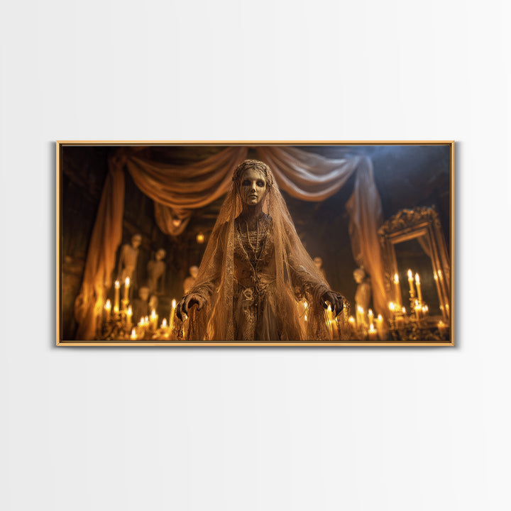 The Wax Bride Of Mourning Hall, Wide Panoramic Art, Macabre Wall Art, Framed Canvas Print, Halloween Wall Decor, Gothic Home Decor