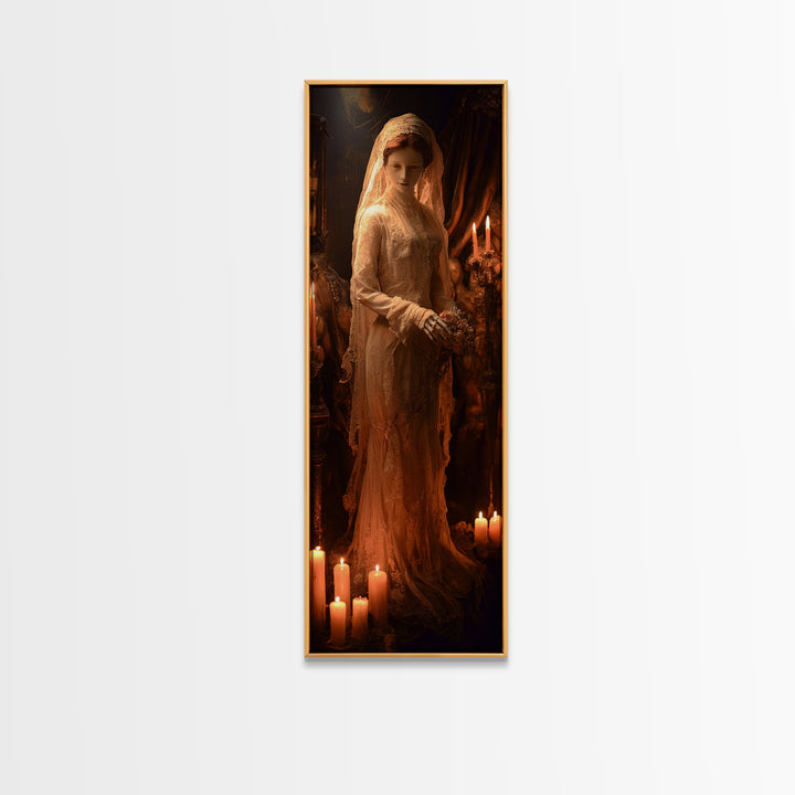 The Wax Bride Of Mourning Hall, Tall Narrow Wall Art, Macabre Wall Art, Framed Canvas Print, Halloween Wall Decor, Gothic Home Decor