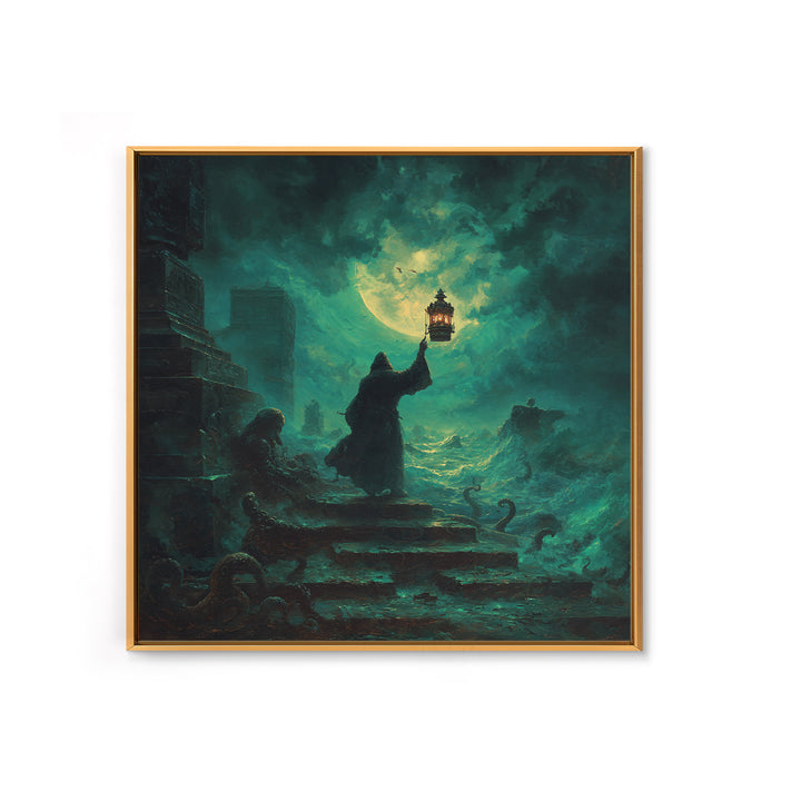 The Lantern-Bearer Of R’Lyeh, Square Wall Art, Spooky Home Decor, Framed Canvas Print, Halloween Wall Decor, Gothic Home Decor