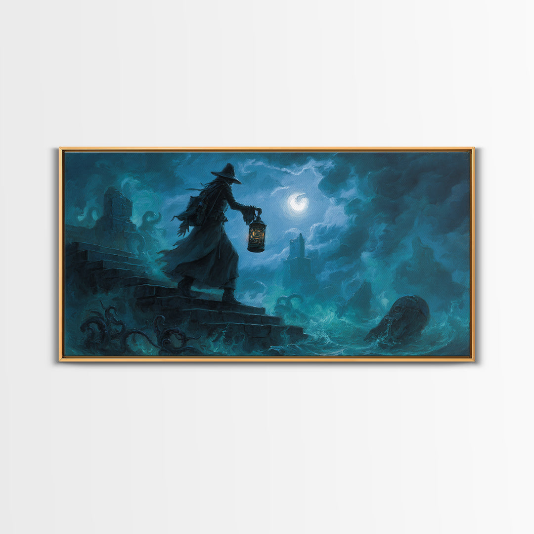 The Lantern-Bearer Of R’Lyeh, Wide Panoramic Art, Lovecraftian Horror Art, Canvas Print, Halloween Wall Decor, Gothic Home Decor