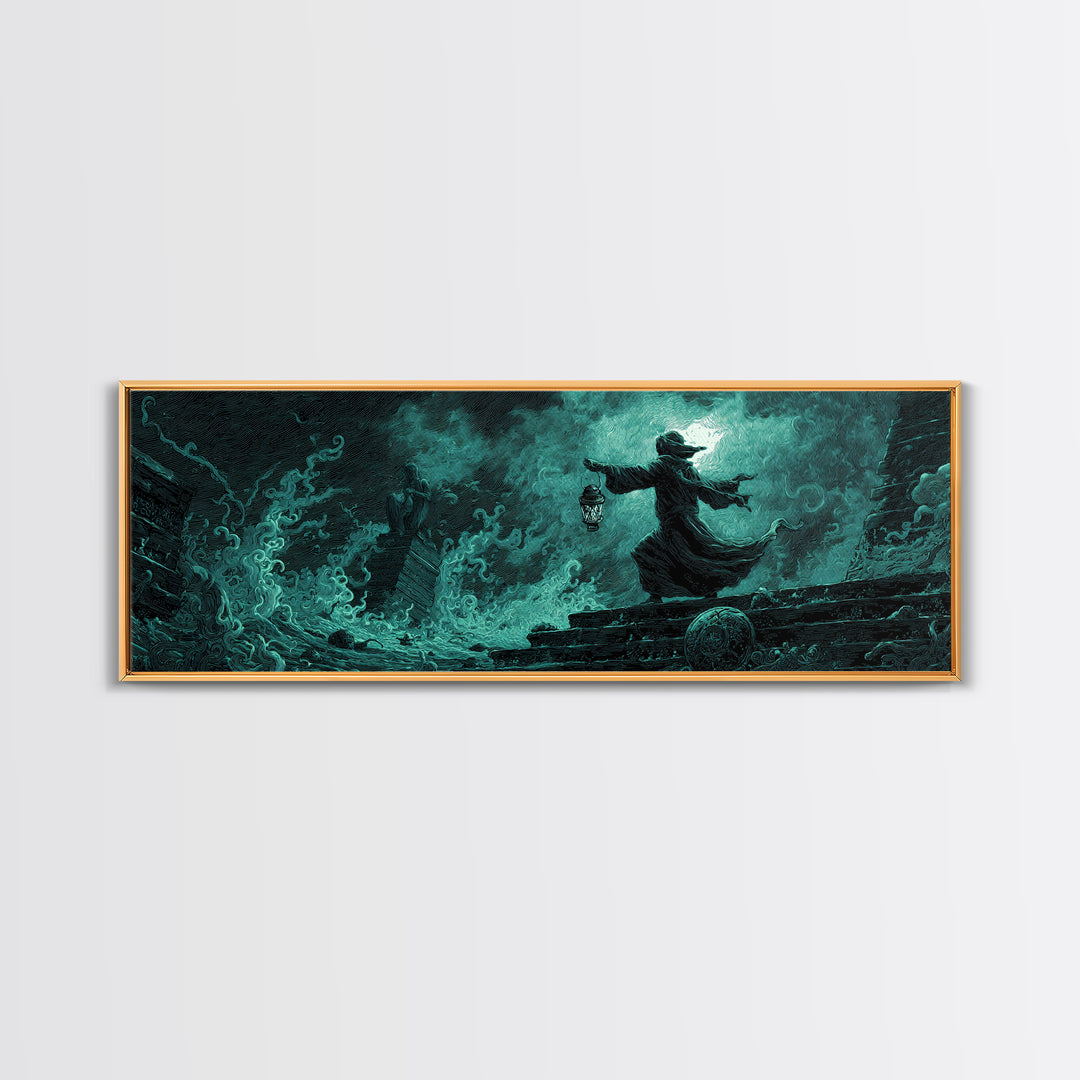 The Lantern-Bearer Of R’Lyeh, Extra Wide Wall Art, Eldritch Gothic Decor, Framed Canvas Print, Halloween Wall Decor, Gothic Home Decor