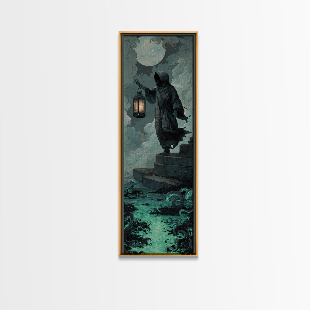 The Lantern-Bearer Of R’Lyeh, Tall Narrow Wall Art, Gothic Horror Wall Art, Framed Canvas Print, Halloween Wall Decor, Gothic Home Decor