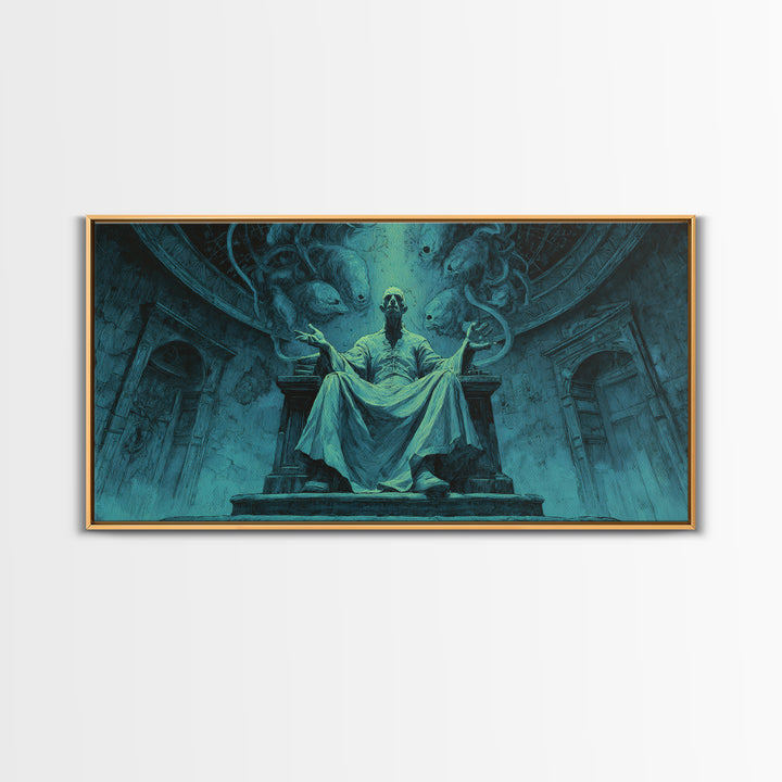 The Dreaming Priest Of The Outer Gate, Wide Panoramic Art, Gothic Horror Wall Art, Framed Canvas Print, Halloween Wall Decor