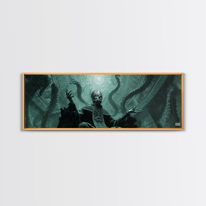 The Dreaming Priest Of The Outer Gate, Extra Wide Wall Art, Cosmic Horror Wall Art, Framed Canvas Print, Halloween Wall Decor