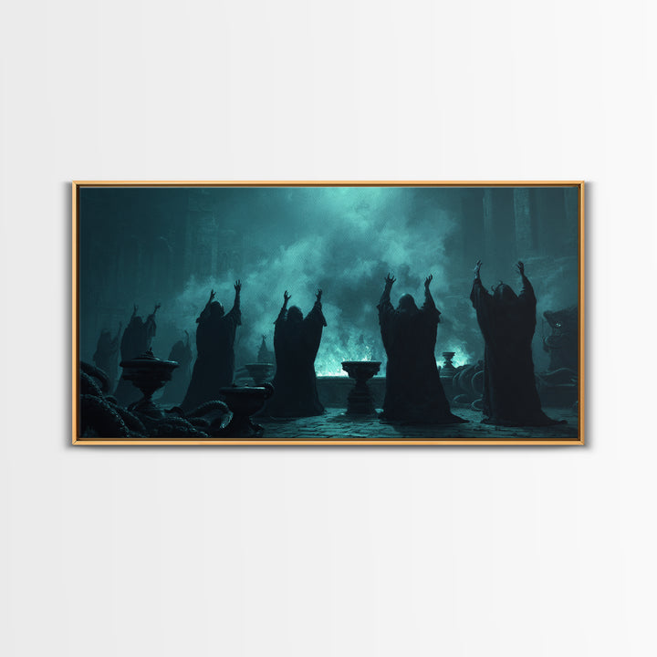 The Choir Of Deepwater Acolytes, Wide Panoramic Art, Dark Fantasy Wall Art, Canvas Print, Halloween Wall Decor, Gothic Home Decor