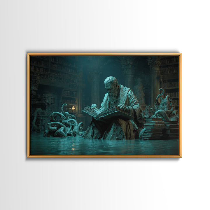 The Librarian Of Forbidden Tides, Landscape Wall Art, Lovecraftian Horror Art, Framed Canvas Print, Halloween Wall Decor, Gothic Home Decor