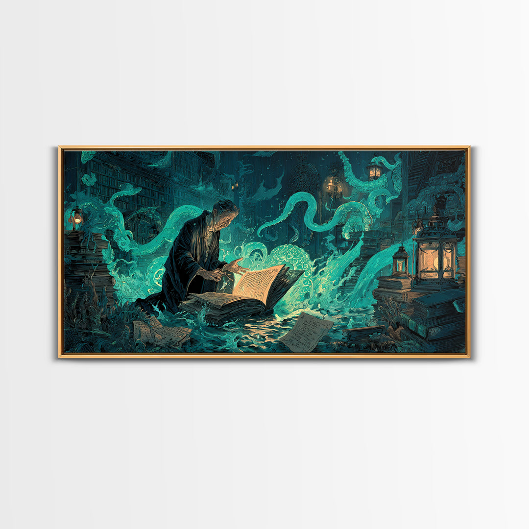 The Librarian Of Forbidden Tides, Wide Panoramic Art, Lovecraftian Horror Art, Canvas Print, Halloween Wall Decor, Gothic Home Decor