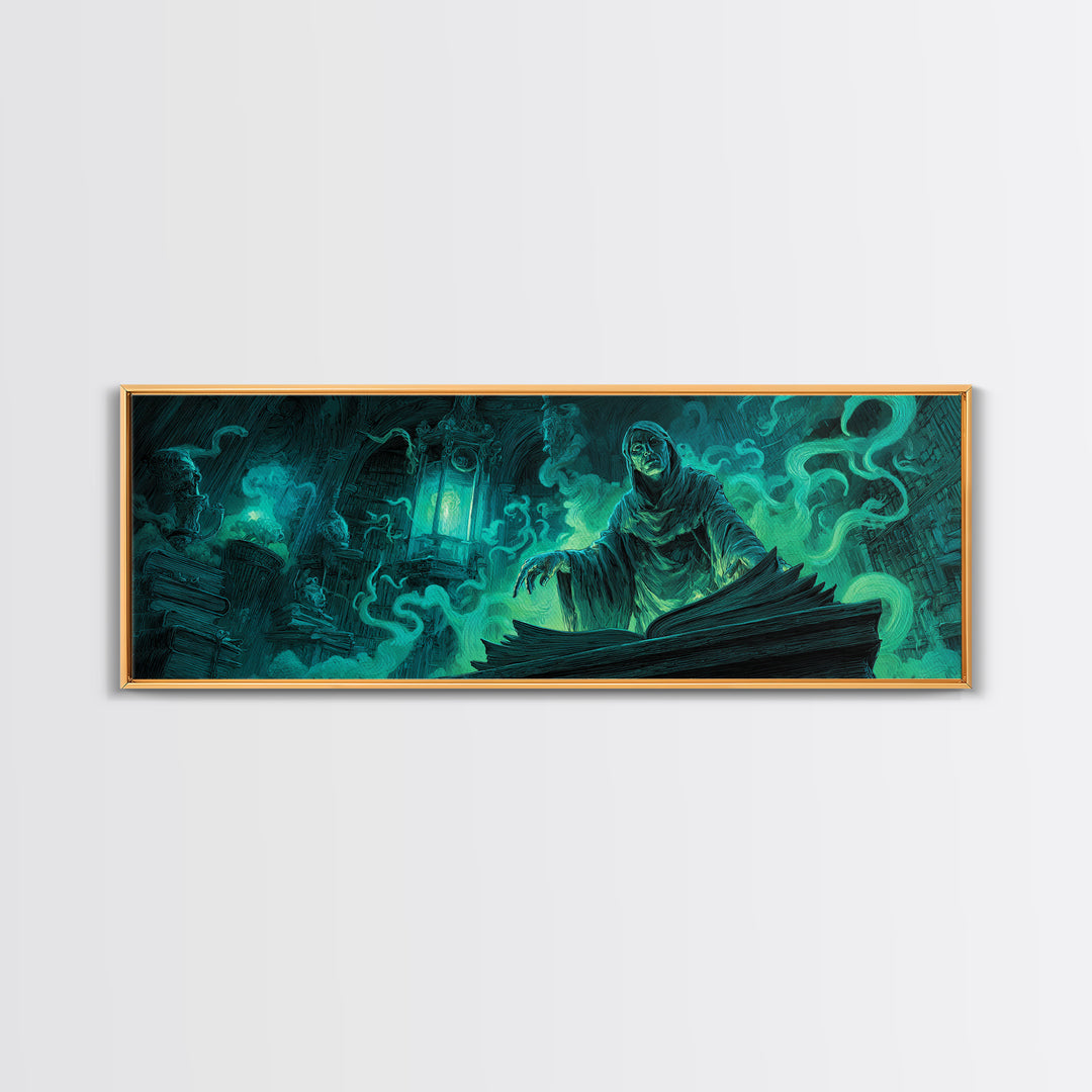 The Librarian Of Forbidden Tides, Extra Wide Wall Art, Cosmic Horror Wall Art, Canvas Print, Halloween Wall Decor, Gothic Home Decor