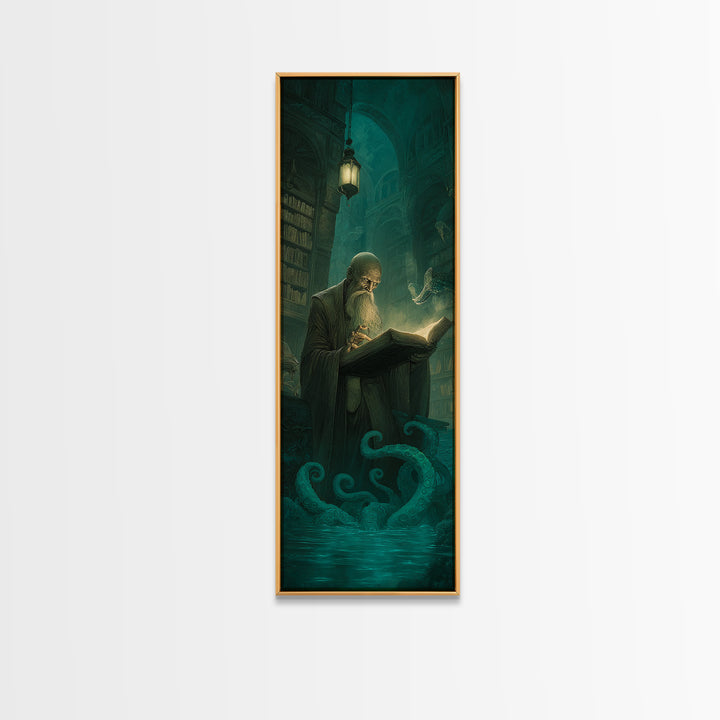 The Librarian Of Forbidden Tides, Tall Narrow Wall Art, Dark Fantasy Wall Art, Framed Canvas Print, Halloween Wall Decor, Gothic Home Decor