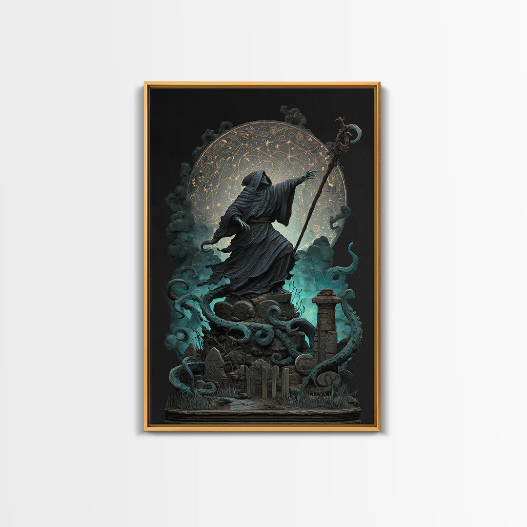 The Star-Seer Of Black Dunwich, Vertical Wall Art, Dark Halloween Decor, Framed Canvas Print, Halloween Wall Decor, Gothic Home Decor