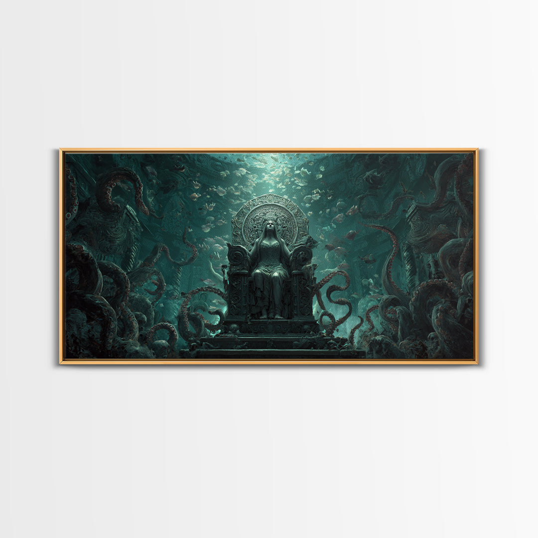 The Watcher In The Coral Throne, Wide Panoramic Art, Lovecraftian Horror Art, Framed Canvas Print, Halloween Wall Decor, Gothic Home Decor