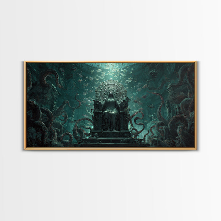 The Watcher In The Coral Throne, Wide Panoramic Art, Lovecraftian Horror Art, Framed Canvas Print, Halloween Wall Decor, Gothic Home Decor