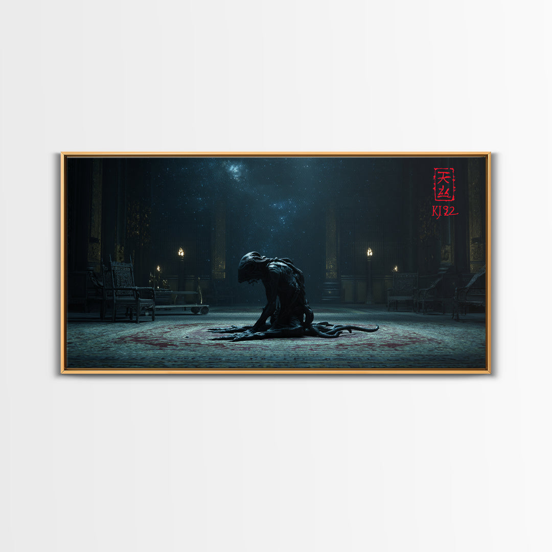 The Crawler Beneath The Floor Of Stars, Wide Panoramic Art, Eldritch Gothic Decor, Framed Canvas Print, Halloween Wall Decor