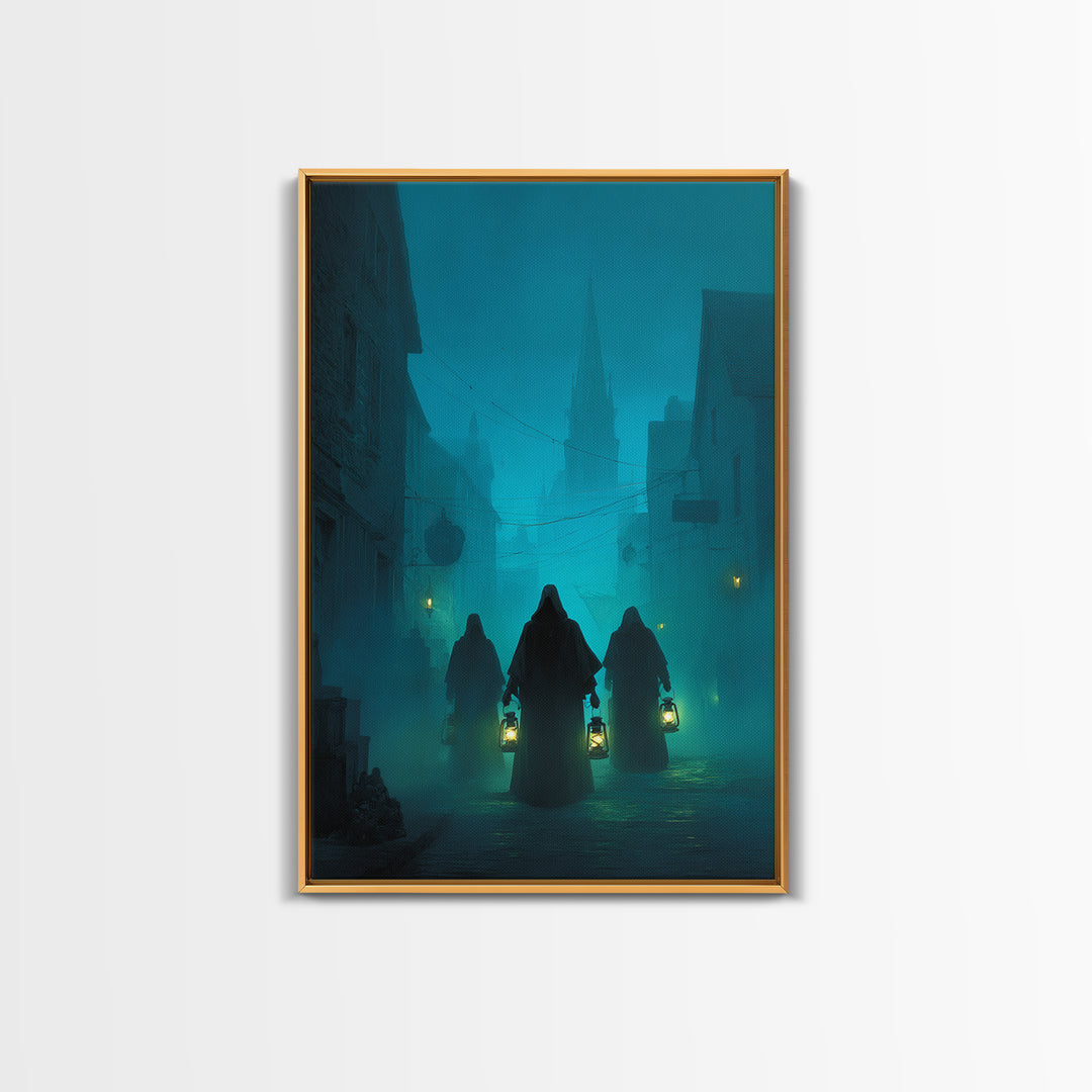 The Innsmouth Lantern Procession, Vertical Wall Art, Spooky Home Decor, Framed Canvas Print, Halloween Wall Decor, Gothic Home Decor