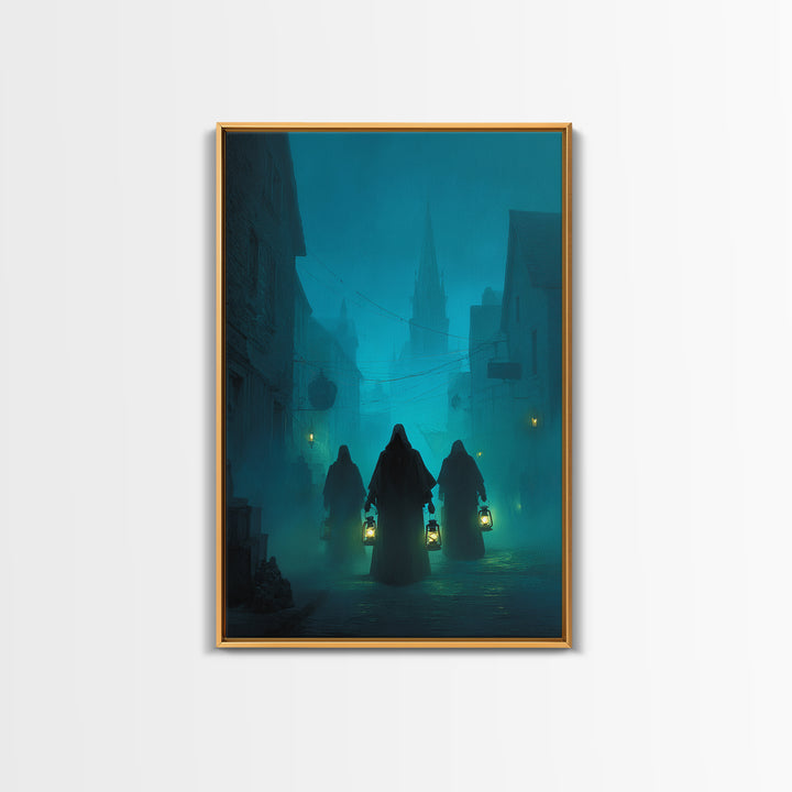 The Innsmouth Lantern Procession, Vertical Wall Art, Spooky Home Decor, Framed Canvas Print, Halloween Wall Decor, Gothic Home Decor