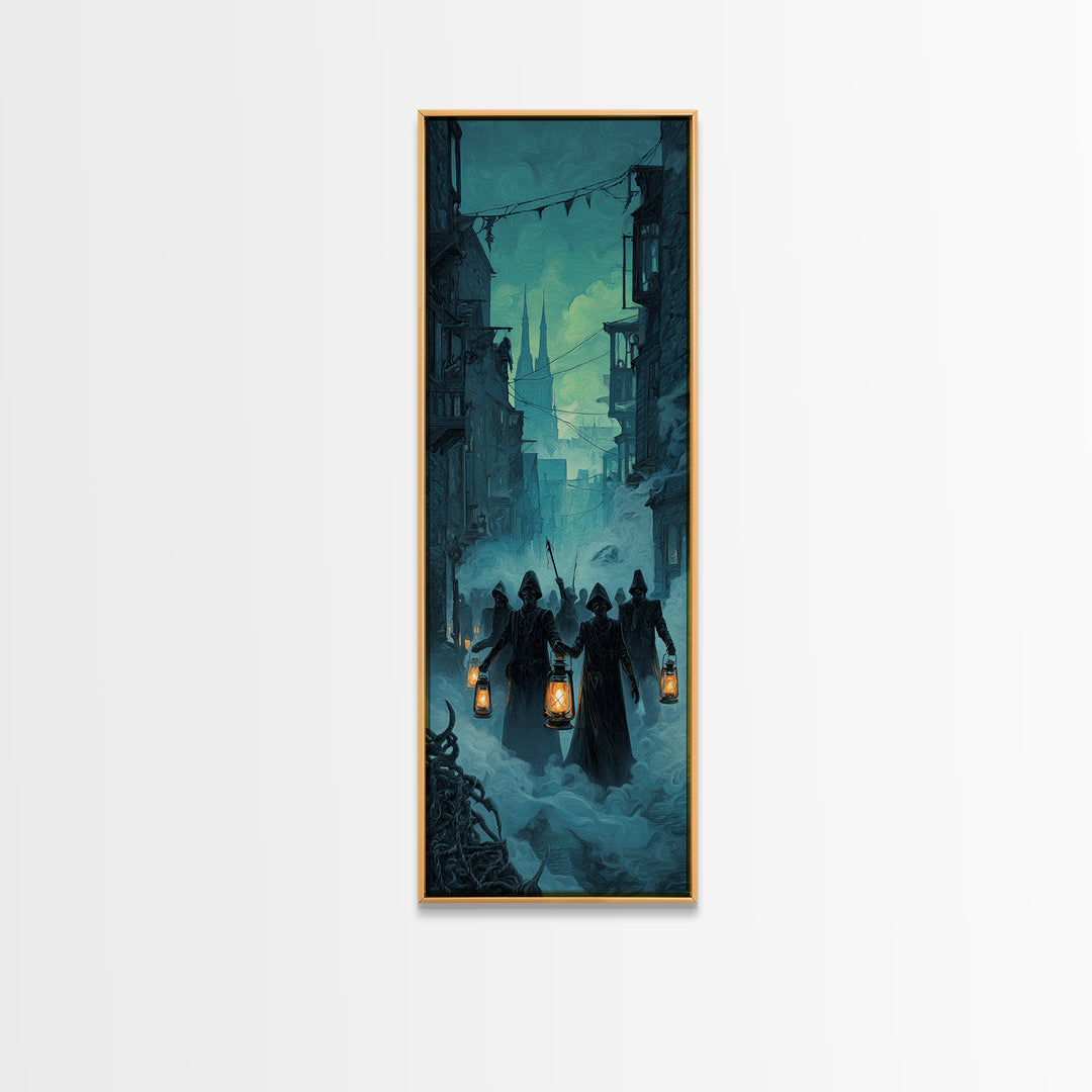 The Innsmouth Lantern Procession, Tall Narrow Wall Art, Gothic Horror Wall Art, Canvas Print, Halloween Wall Decor, Gothic Home Decor