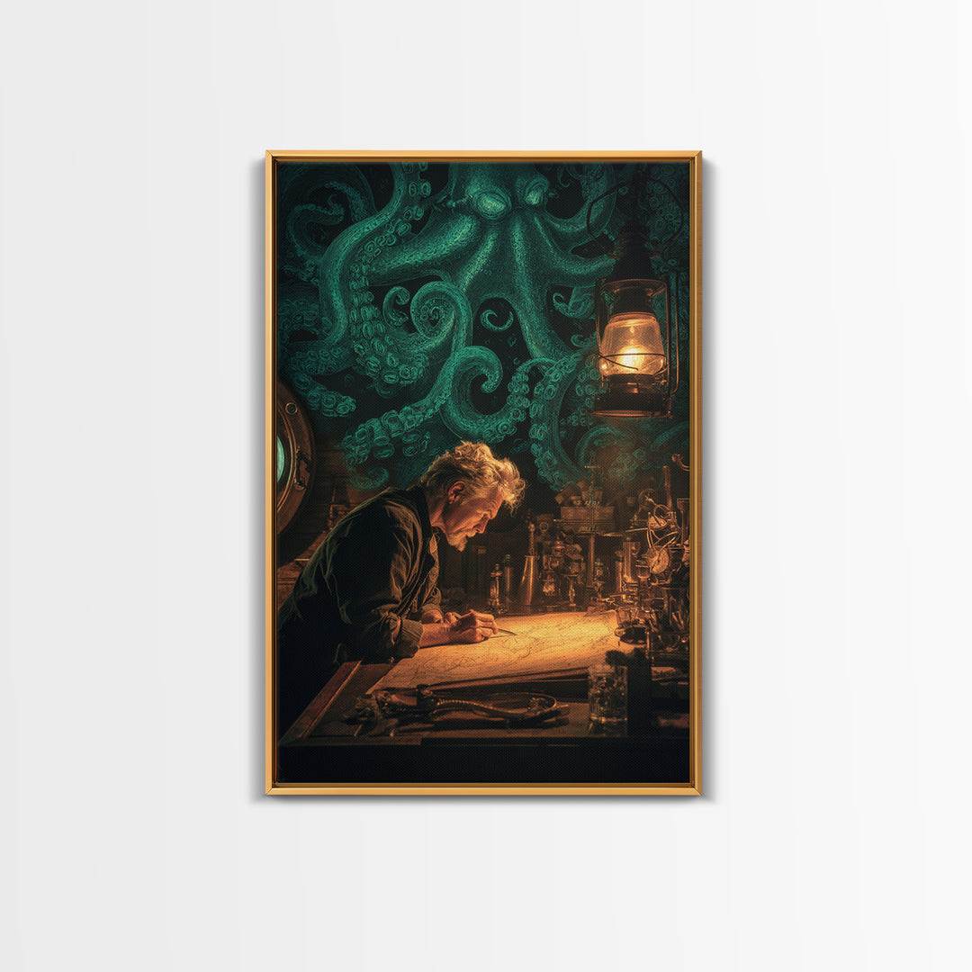 The Mapmaker Of Impossible Shores, Vertical Wall Art, Macabre Wall Art, Framed Canvas Print, Halloween Wall Decor, Gothic Home Decor