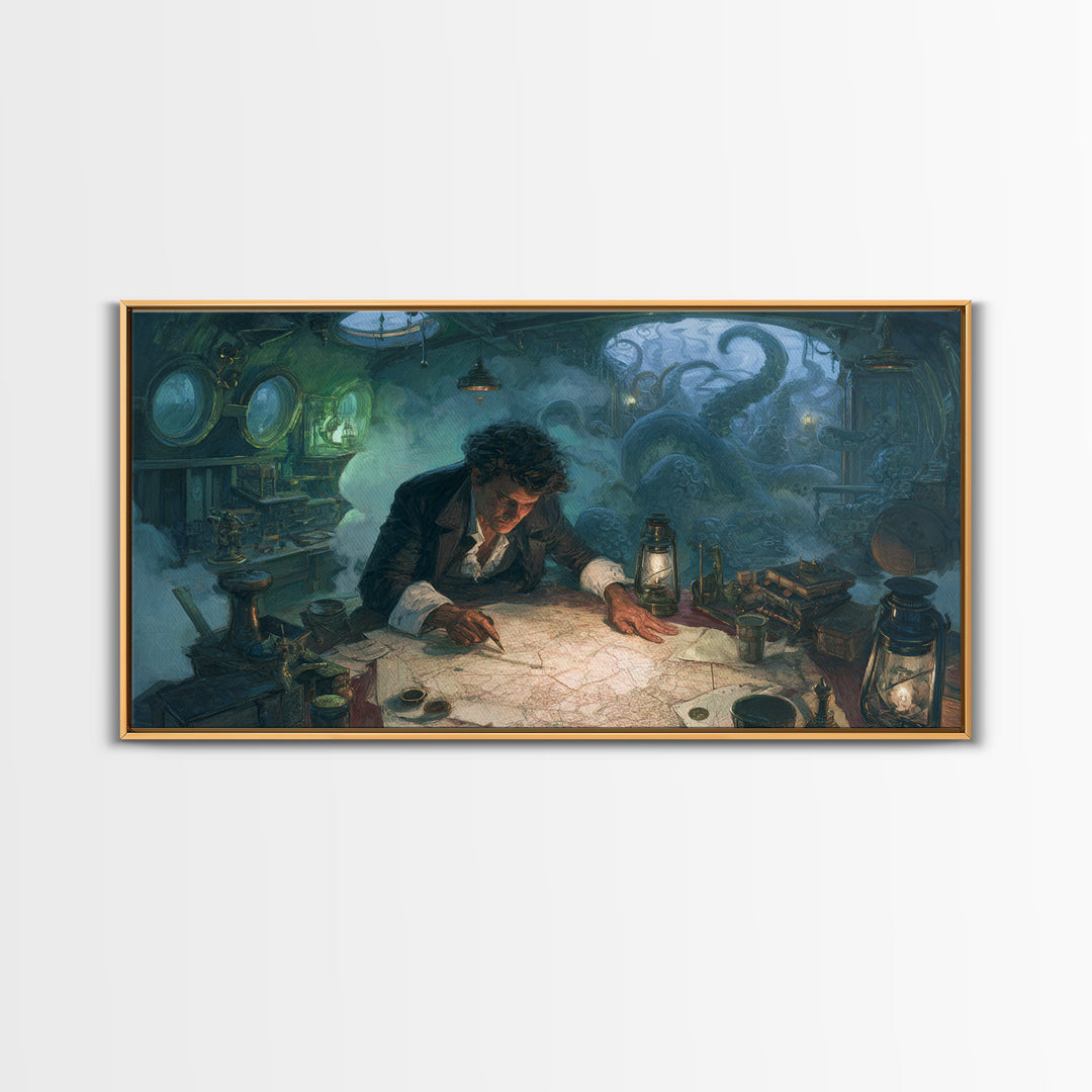 The Mapmaker Of Impossible Shores, Wide Panoramic Art, Eldritch Gothic Decor, Framed Canvas Print, Halloween Wall Decor, Gothic Home Decor