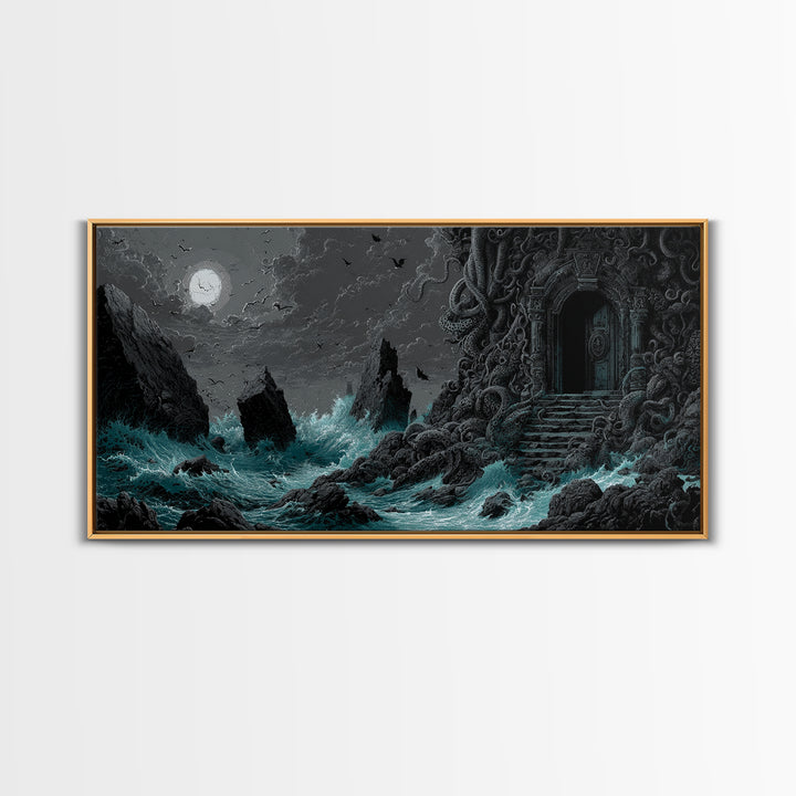 The Keeper Of The Black Reef Key, Wide Panoramic Art, Gothic Horror Wall Art, Canvas Print, Halloween Wall Decor, Gothic Home Decor