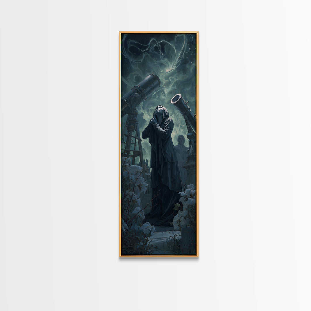 The Widow Of The Whispering Comet, Tall Narrow Wall Art, Macabre Wall Art, Framed Canvas Print, Halloween Wall Decor, Gothic Home Decor