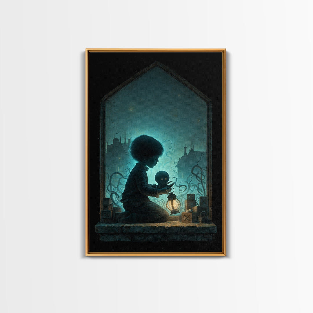 The Child Who Caught A Moon-Spawn, Vertical Wall Art, Eldritch Gothic Decor, Framed Canvas Print, Halloween Wall Decor, Gothic Home Decor