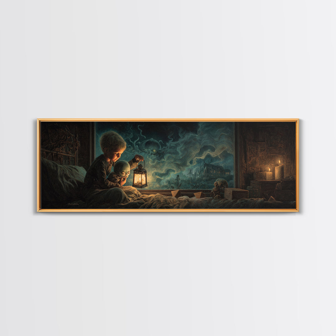 The Child Who Caught A Moon-Spawn, Extra Wide Wall Art, Eldritch Gothic Decor, Framed Canvas Print, Halloween Wall Decor, Gothic Home Decor