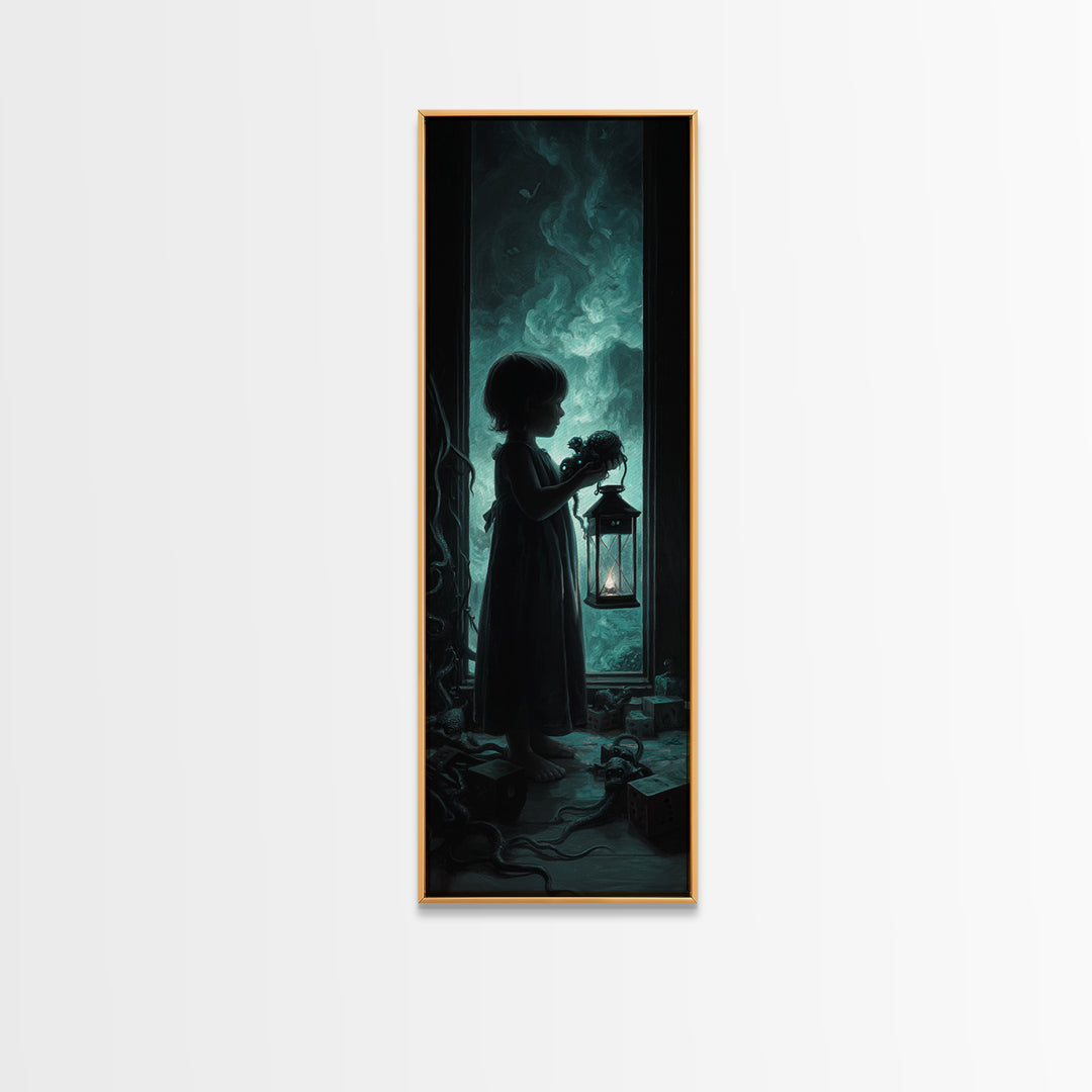The Child Who Caught A Moon-Spawn, Tall Narrow Wall Art, Dark Halloween Decor, Framed Canvas Print, Halloween Wall Decor, Gothic Home Decor