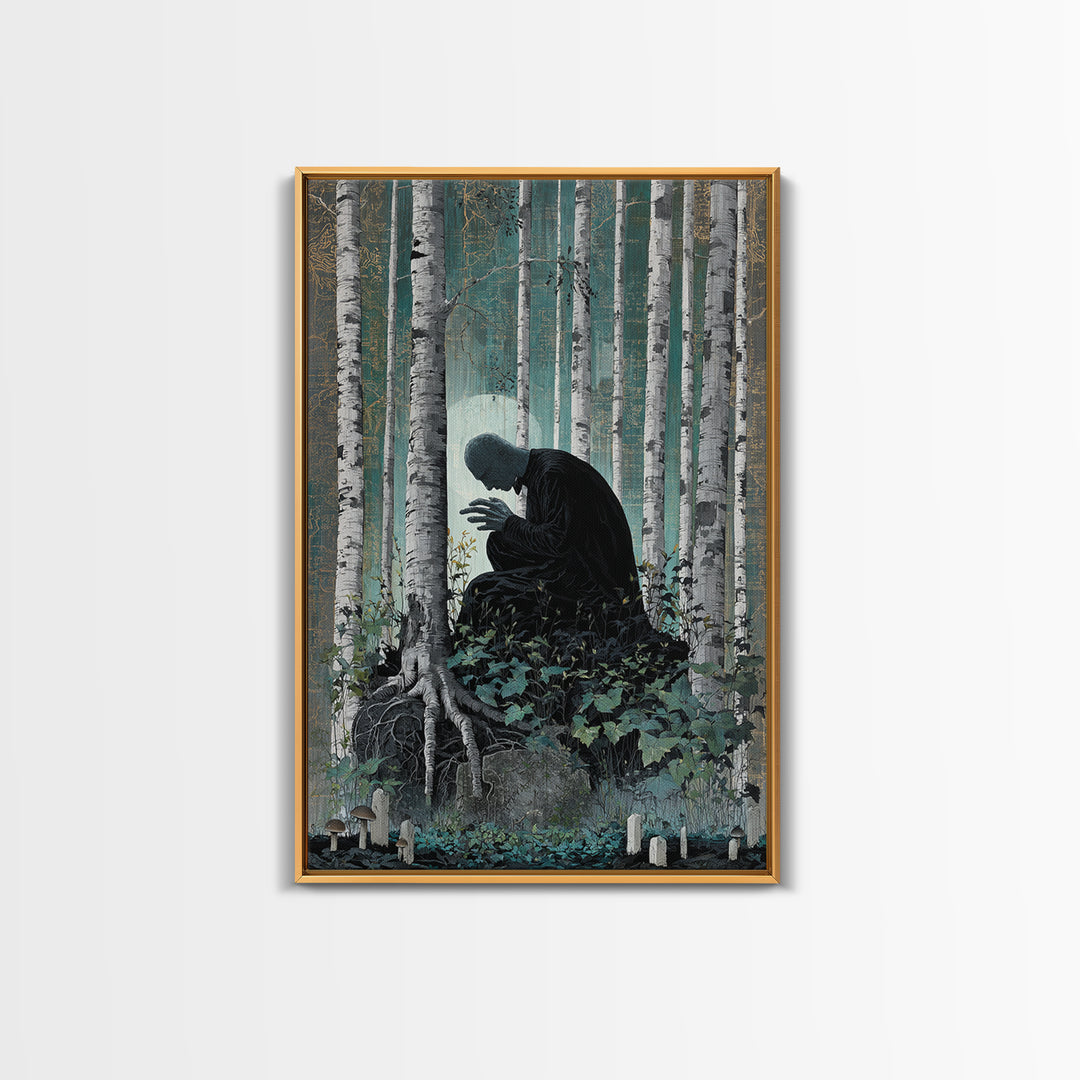 The Sleeper In The Birch Grove, Vertical Wall Art, Dark Fantasy Wall Art, Framed Canvas Print, Halloween Wall Decor, Gothic Home Decor