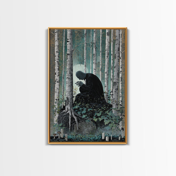 The Sleeper In The Birch Grove, Vertical Wall Art, Dark Fantasy Wall Art, Framed Canvas Print, Halloween Wall Decor, Gothic Home Decor