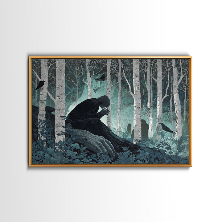 The Sleeper In The Birch Grove, Landscape Wall Art, Dark Halloween Decor, Canvas Print, Halloween Wall Decor, Gothic Home Decor