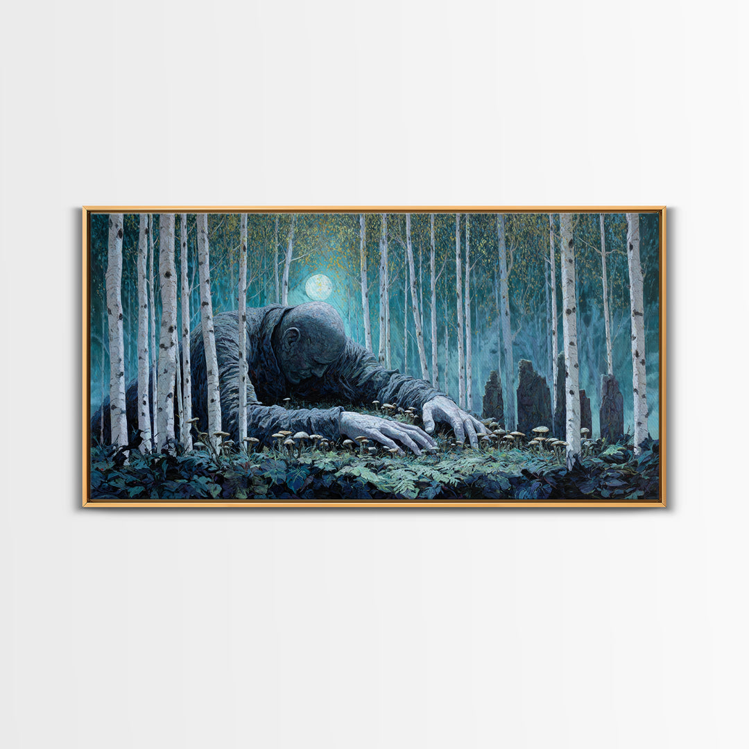 The Sleeper In The Birch Grove, Wide Panoramic Art, Lovecraftian Horror Art, Framed Canvas Print, Halloween Wall Decor, Gothic Home Decor