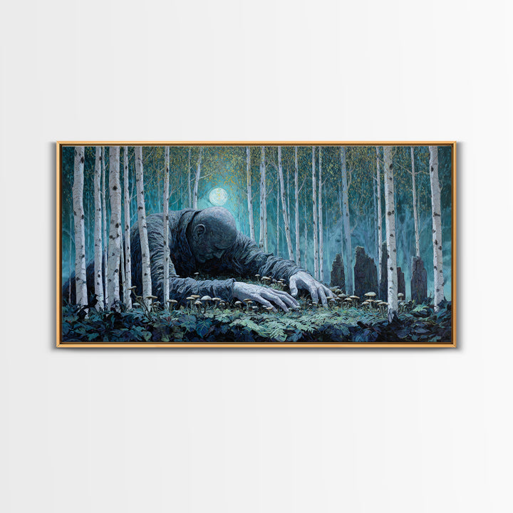 The Sleeper In The Birch Grove, Wide Panoramic Art, Lovecraftian Horror Art, Framed Canvas Print, Halloween Wall Decor, Gothic Home Decor