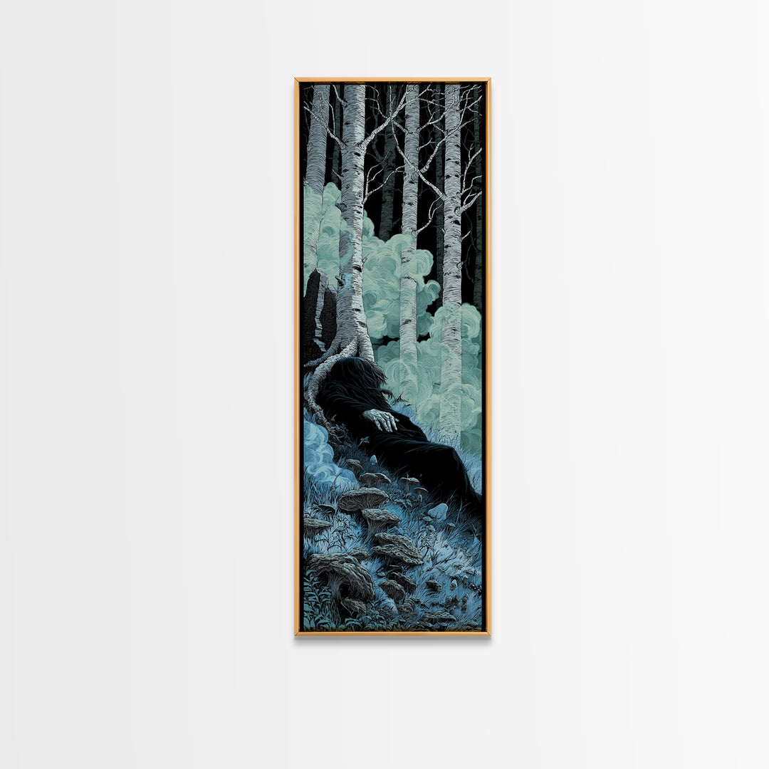 The Sleeper In The Birch Grove, Tall Narrow Wall Art, Spooky Home Decor, Framed Canvas Print, Halloween Wall Decor, Gothic Home Decor