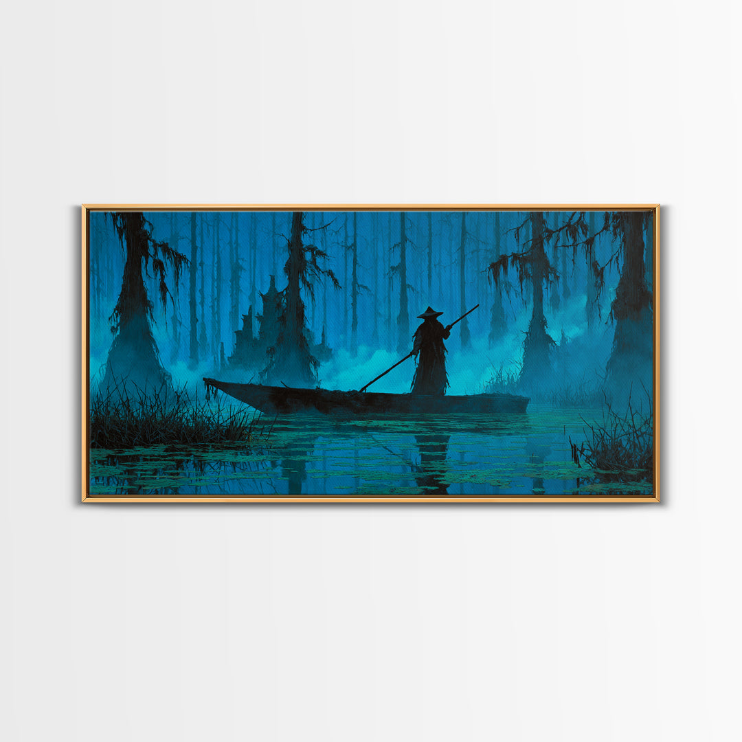 The Ferryman Of The Outer Marsh, Wide Panoramic Art, Lovecraftian Horror Art, Framed Canvas Print, Halloween Wall Decor, Gothic Home Decor