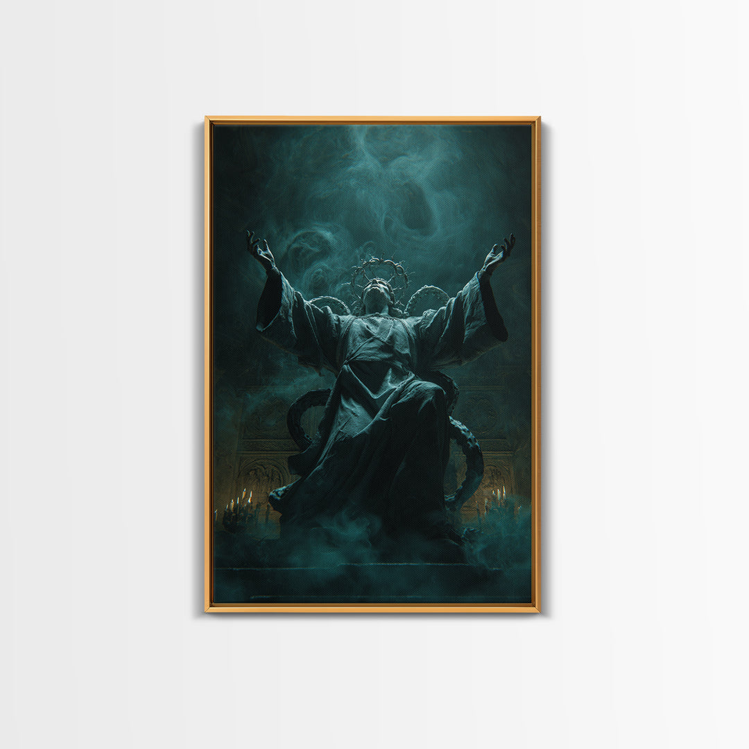 The Crown Of The Tentacled Saint, Vertical Wall Art, Haunted Gothic Art, Framed Canvas Print, Halloween Wall Decor, Gothic Home Decor