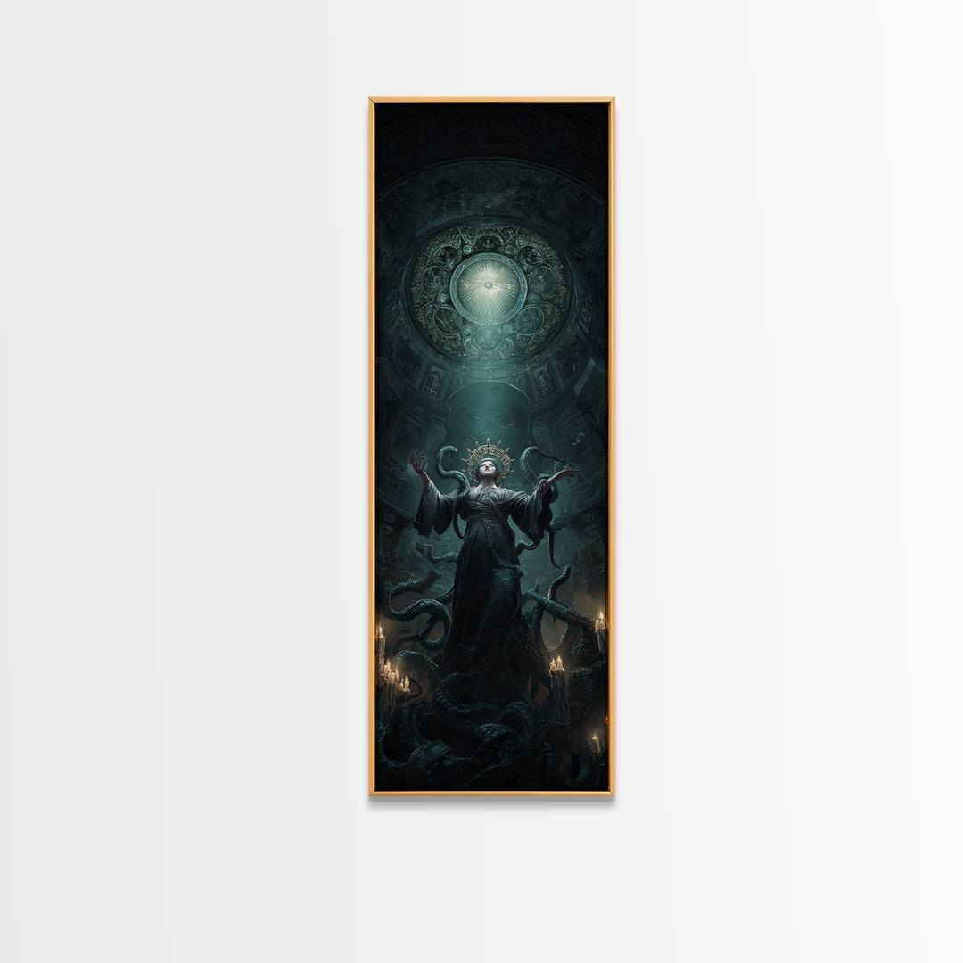 The Crown Of The Tentacled Saint, Tall Narrow Wall Art, Cosmic Horror Wall Art, Framed Canvas Print, Halloween Wall Decor, Gothic Home Decor