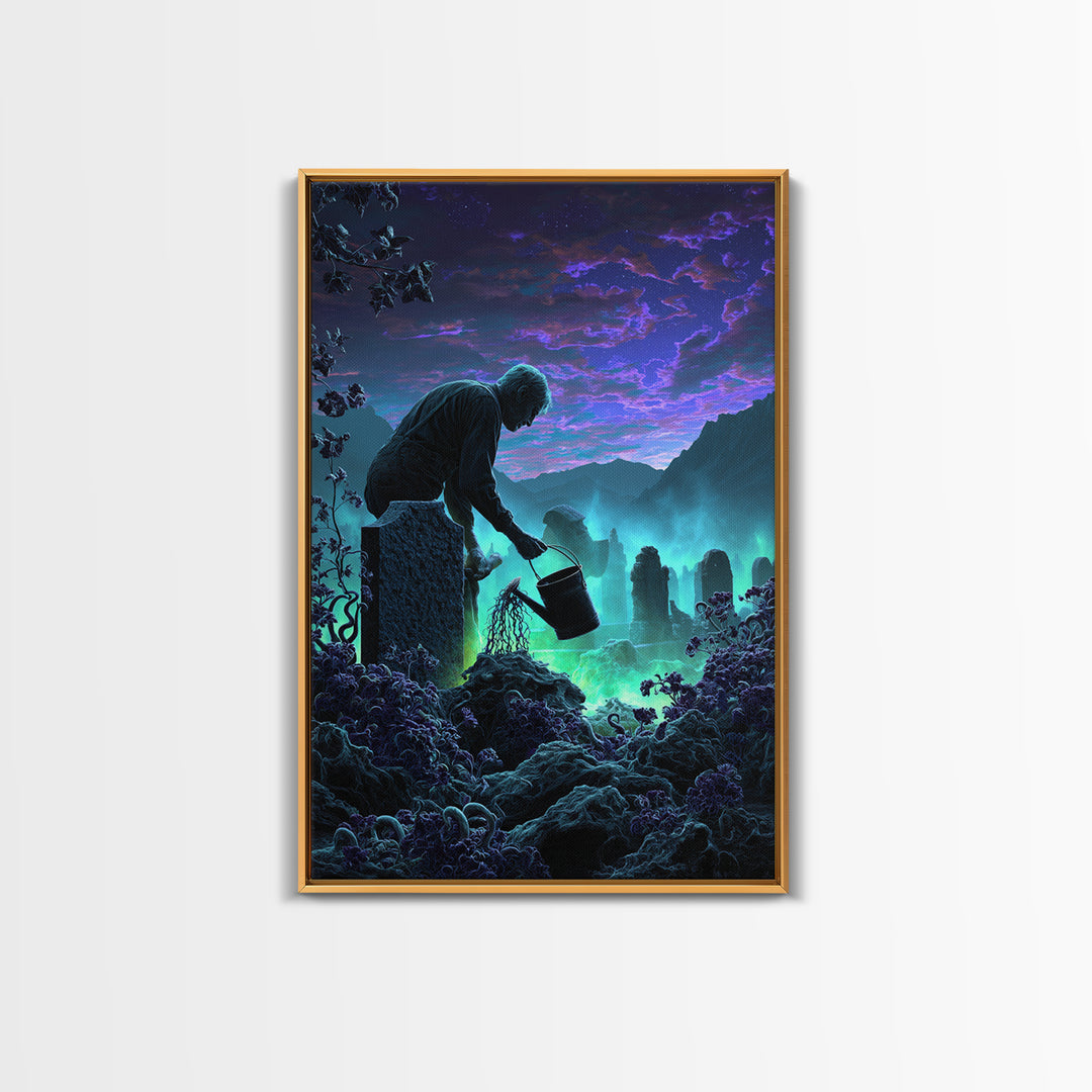 The Grave Gardener Of Yuggoth, Vertical Wall Art, Dark Fantasy Wall Art, Framed Canvas Print, Halloween Wall Decor, Gothic Home Decor