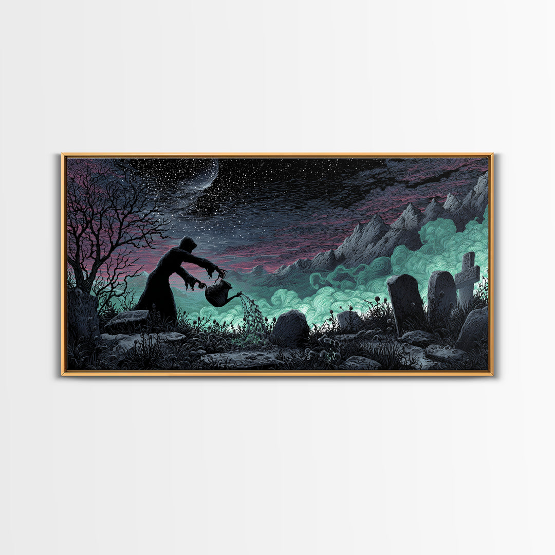 The Grave Gardener Of Yuggoth, Wide Panoramic Art, Spooky Home Decor, Canvas Print, Halloween Wall Decor, Gothic Home Decor, Halloween Decor