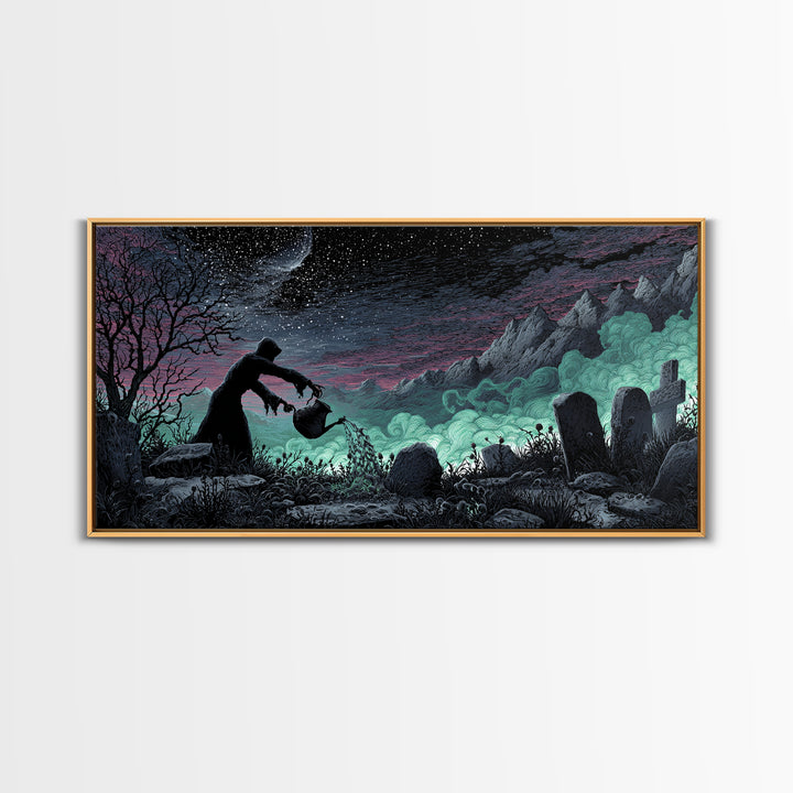 The Grave Gardener Of Yuggoth, Wide Panoramic Art, Spooky Home Decor, Canvas Print, Halloween Wall Decor, Gothic Home Decor, Halloween Decor