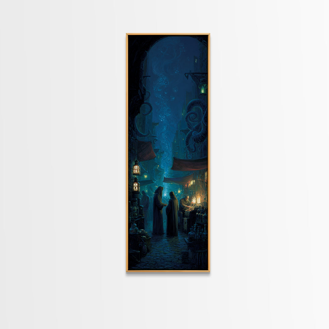 The Lantern Market Beyond The Veil, Tall Narrow Wall Art, Eldritch Gothic Decor, Canvas Print, Halloween Wall Decor, Gothic Home Decor