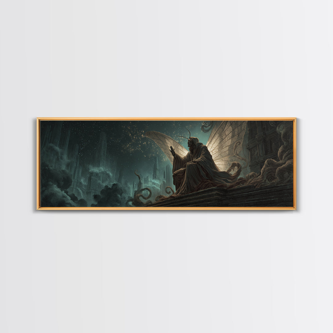 The Moth Prophet Of Kadath, Extra Wide Wall Art, Lovecraftian Horror Art, Canvas Print, Halloween Wall Decor, Gothic Home Decor