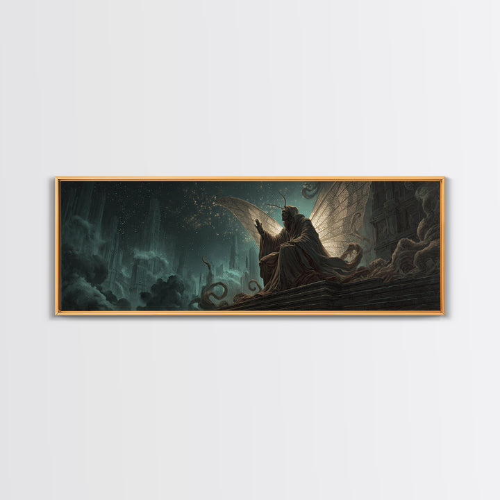 The Moth Prophet Of Kadath, Extra Wide Wall Art, Lovecraftian Horror Art, Canvas Print, Halloween Wall Decor, Gothic Home Decor